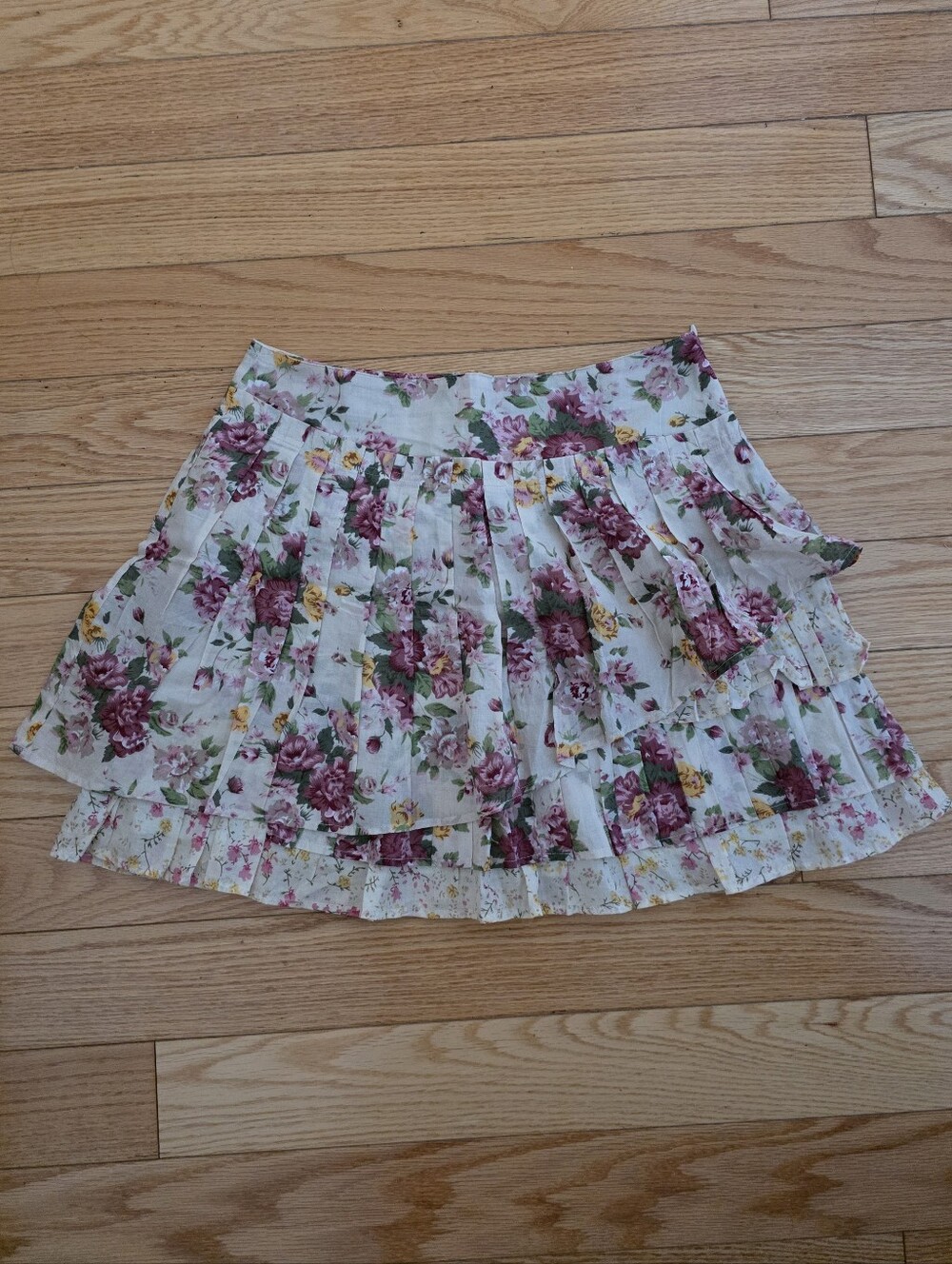 Espirit Floral Tiered Skater Mini Skirt - Cream with Pink Floral, Size 2